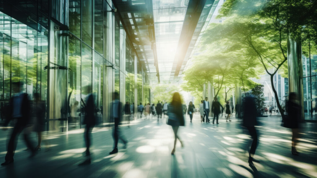Cityscape of business centre with figures