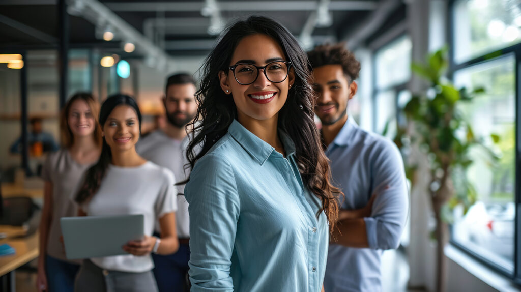 Staff looking at camera with a woman in main focus