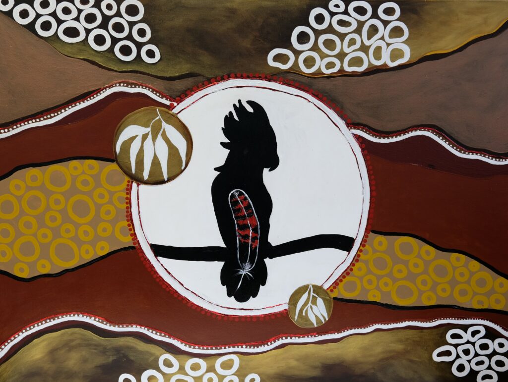 A silhouette painting of a black cockatoo on a patterned background in a modern indigenous style