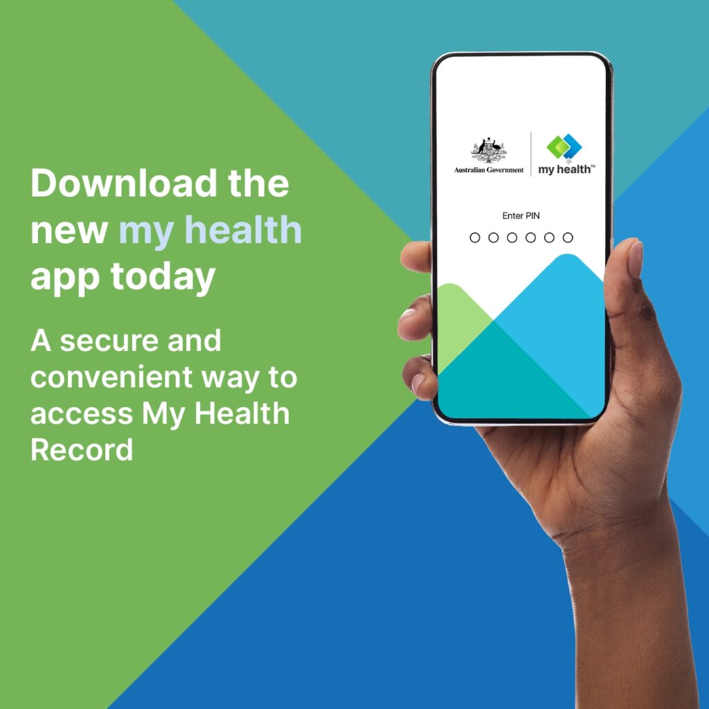 Image of a hand holding a phone with the my health app on it. Text prompting to download the app